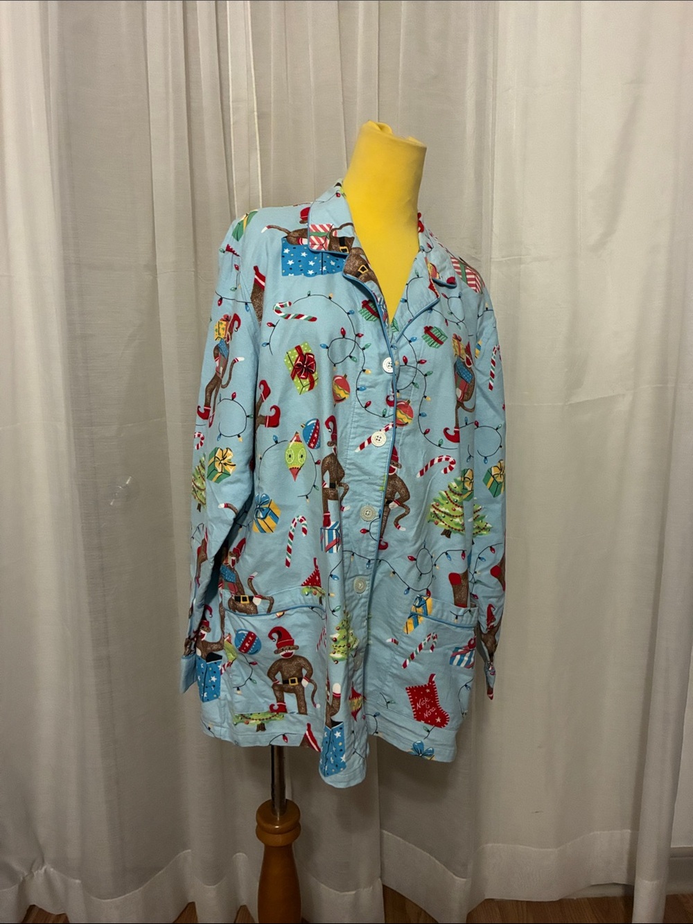 Nick & Nora Light Blue Holiday Print Women's Pajama Top Long Sleeve Size XXL